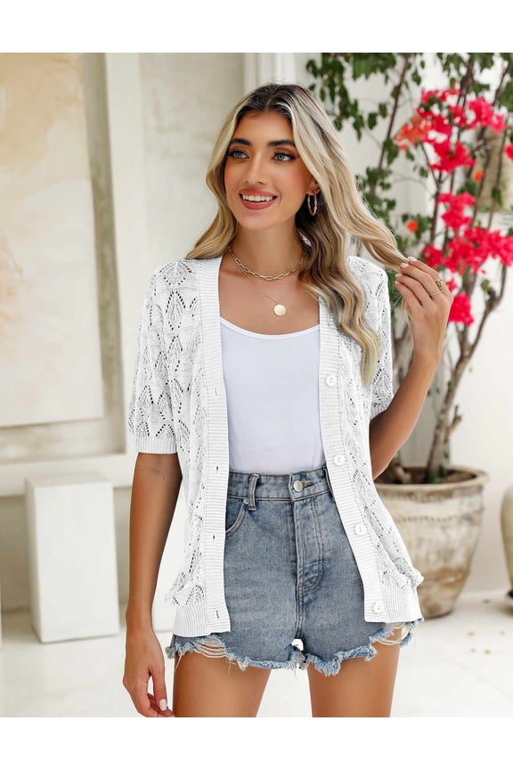 Women's Short Sleeve 2025 Summer Crochet Cropped Cardigan V Neck Button up Bolero Shrug Sweater