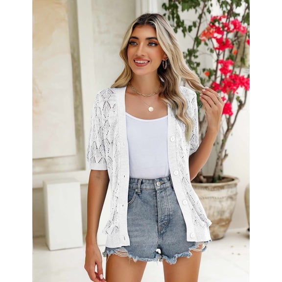 Zeagoo Women's Short Sleeve 2025 Summer Crochet Cropped Cardigan V Neck Button up Bolero Shrug Sweater