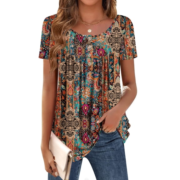 Zeagoo Women's Short Sleeve Shirts Pleated Scooped Neck Summer Tunic Tops Blouse Dressy Causal Loose Fit T-Shirts