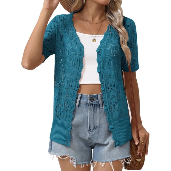 Zeagoo Women's Short Sleeve Summer Cardigan V-Neck Button up Lightweight Hollow Out Sweater Cardigans Shrug