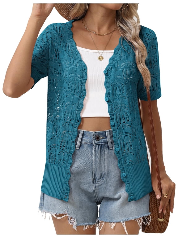 Women's Short Sleeve Summer Cardigan V-Neck Button up Lightweight Hollow Out Sweater Cardigans Shrug