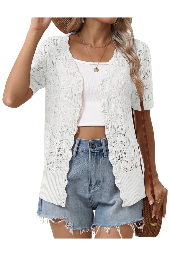 Women's Short Sleeve Summer Cardigan V-Neck Button up Lightweight Hollow Out Sweater Cardigans Shrug