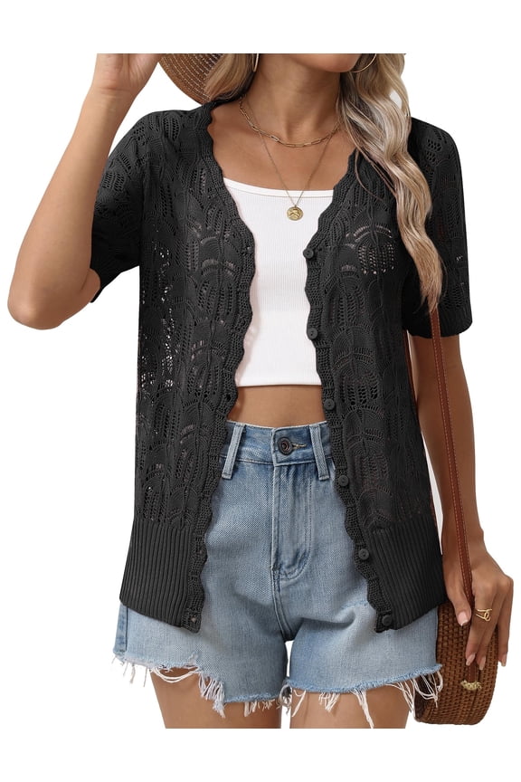 Women's Short Sleeve Summer Cardigan V-Neck Button up Lightweight Hollow Out Sweater Cardigans Shrug