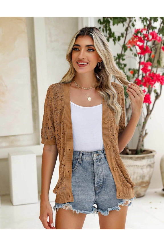 Women's Short Sleeve Summer Crochet Cropped Cardigan V Neck Button up Bolero Shrug Sweater