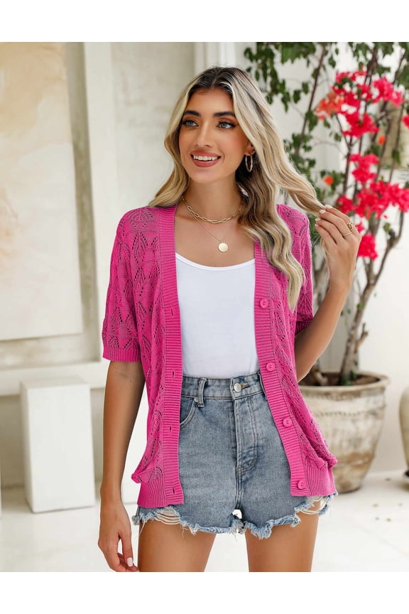 Women's Short Sleeve Summer Crochet Cropped Cardigan V Neck Button up Bolero Shrug Sweater