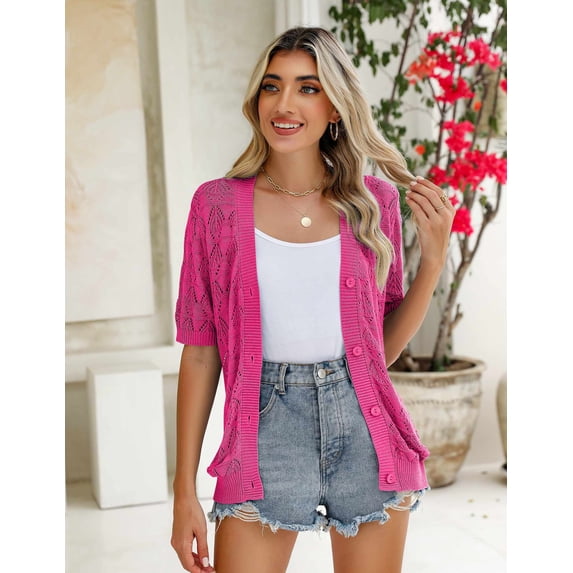 Zeagoo Women's Short Sleeve Summer Crochet Cropped Cardigan V Neck Button up Bolero Shrug Sweater