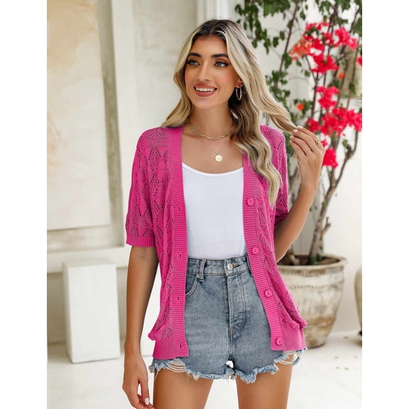 Zeagoo Women's Short Sleeve Summer Crochet Cropped Cardigan V Neck Button up Bolero Shrug Sweater