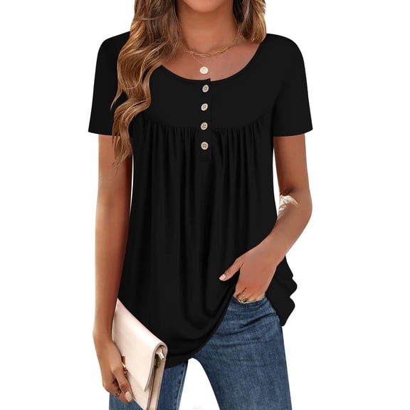 Zeagoo Women's Tops Short Sleeve T-shirts Pleated Scooped Neck Summer Tunic Tops Blouse Dressy Causal Loose Fit Shirts