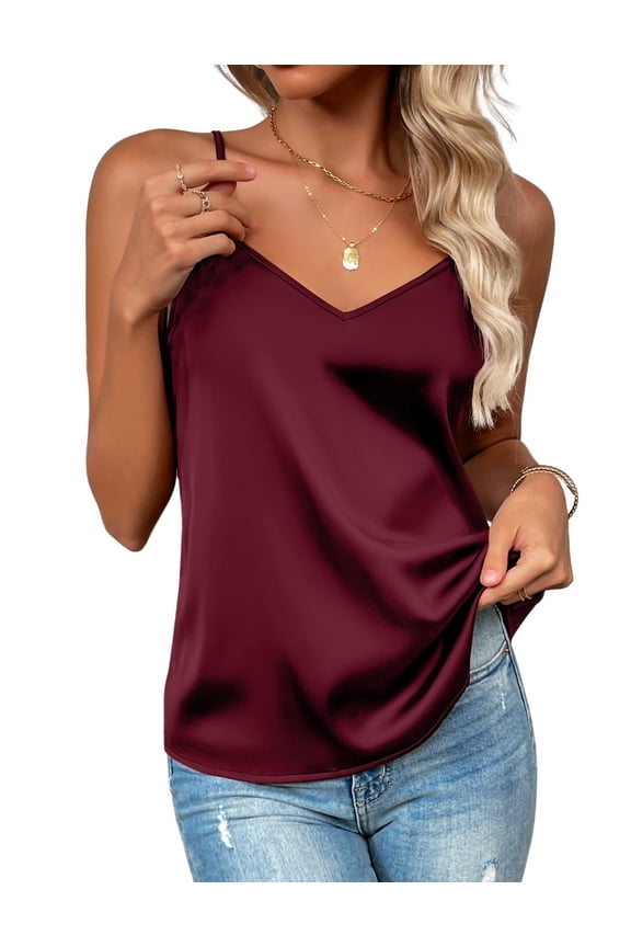 Women's Silk Satin Tank Tops Adjustable Spaghetti Strap Camisole V Neck Causal Basic Blouse