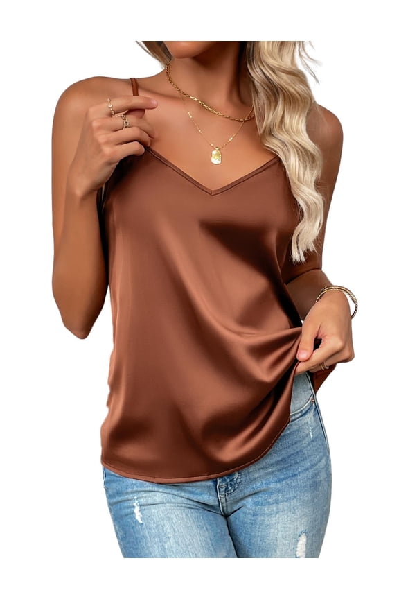 Women's Silk Satin Tank Tops Adjustable Spaghetti Strap Camisole V Neck Causal Basic Blouse