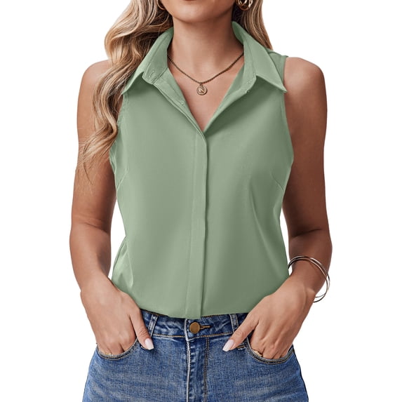 Zeagoo Women's Sleeveless Button Down Shirts Hidden-Button Front Collared Dressy Casual Blouses Loose Office Tank Tops