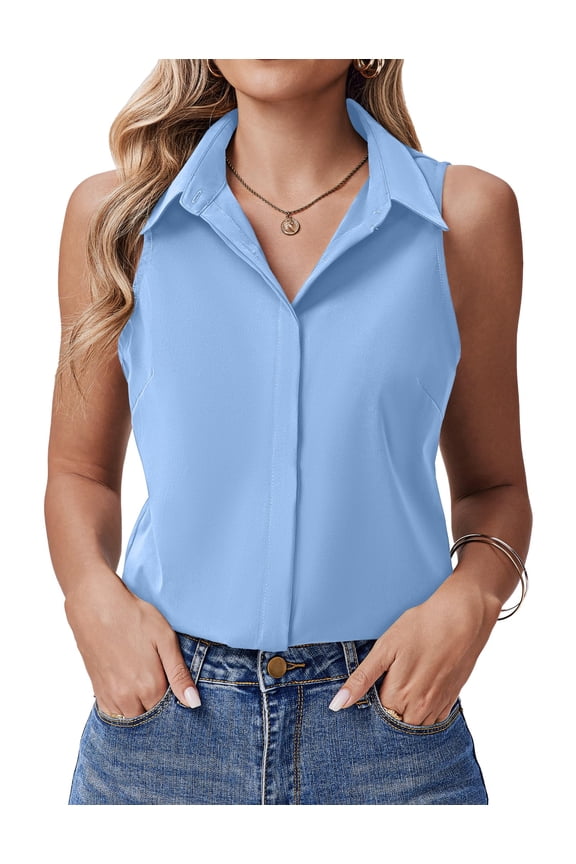 Women's Sleeveless Button Down Shirts Hidden-Button Front Collared Dressy Casual Blouses Loose Office Tank Tops