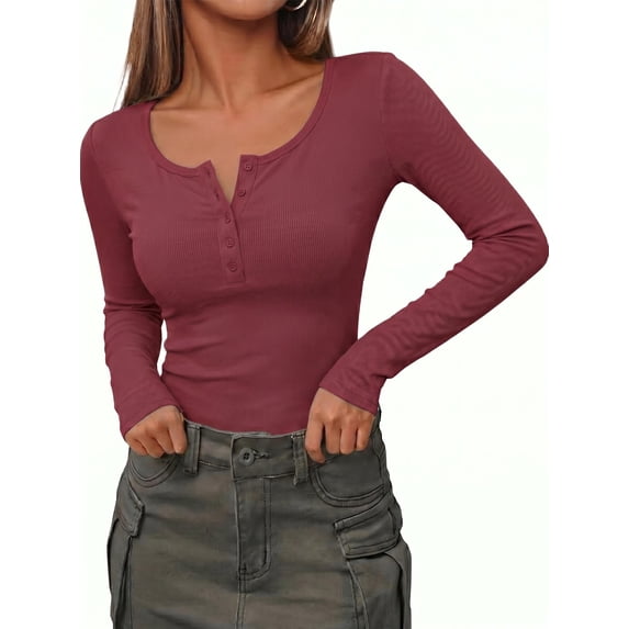 Zeagoo Women's Sping Fall Basic T-Shirt Long Sleeves Henley Ribbed Knit Shirt Slim Fitted Casual Tops