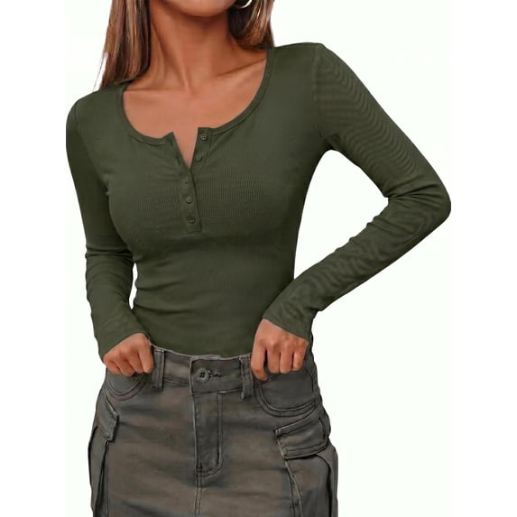 Zeagoo Women's Sping Fall Basic T-Shirt Long Sleeves Henley Ribbed Knit Shirt Slim Fitted Casual Tops