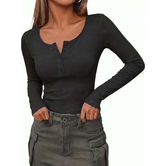 Zeagoo Women's Sping Fall Basic T-Shirt Long Sleeves Henley Ribbed Knit Shirt Slim Fitted Casual Tops