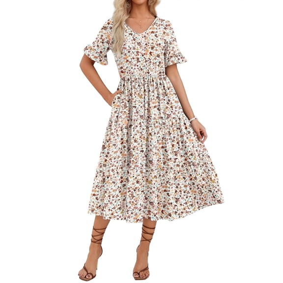 Zeagoo Women's Spring Summer Floral Midi Dress A Line Boho Dress Casual Short Sleeve Long Beach Dress