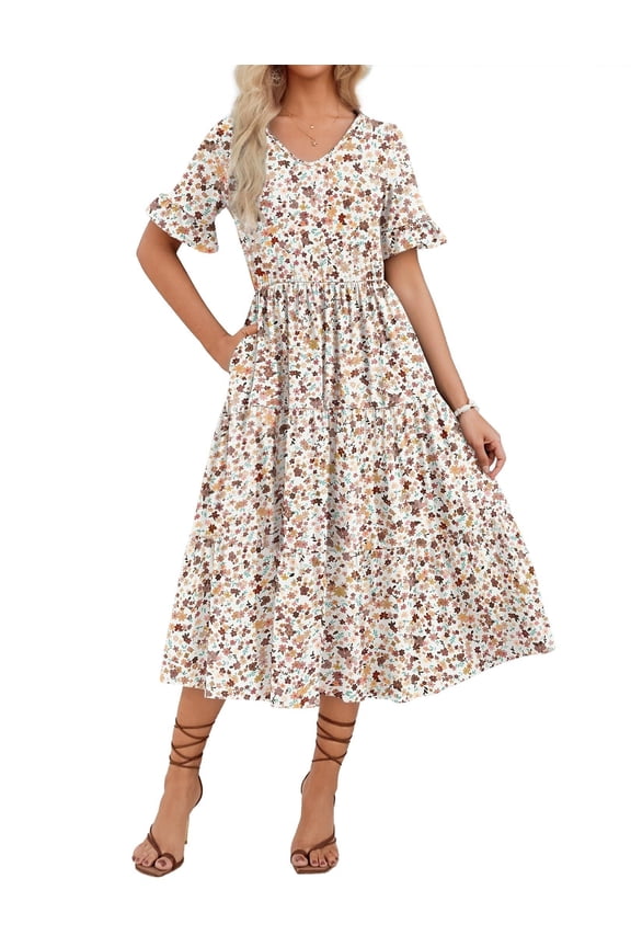 Women's Spring Summer Floral Midi Dress A Line Boho Dress Casual Short Sleeve Long Beach Dress