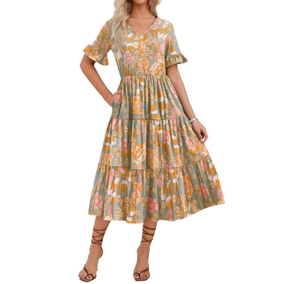 Zeagoo Women's Spring Summer Floral Midi Dress A Line Boho Dress Casual Short Sleeve Long Beach Dress