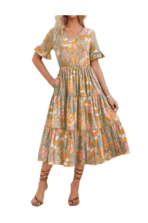 Women's Spring Summer Floral Midi Dress A Line Boho Dress Casual Short Sleeve Long Beach Dress