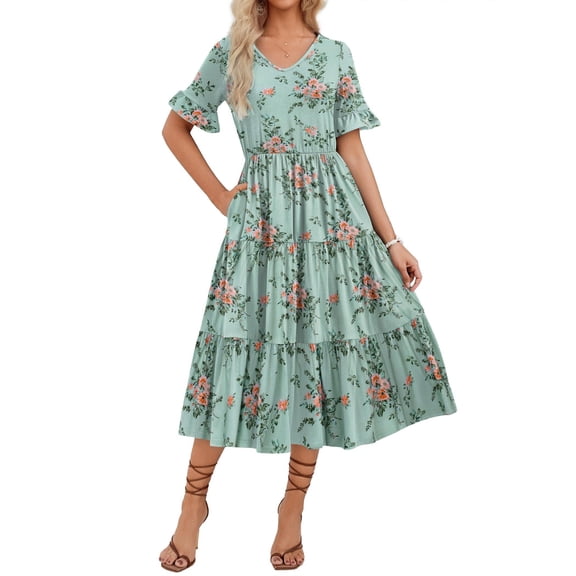 Zeagoo Women's Spring Summer Floral Midi Dress A Line Boho Dress Casual Short Sleeve Long Beach Dress
