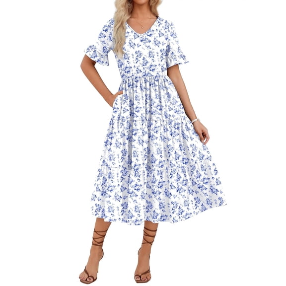 Zeagoo Women's Spring Summer Floral Midi Dress A Line Boho Dress Casual Short Sleeve Long Beach Dress