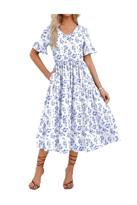 Women's Spring Summer Floral Midi Dress A Line Boho Dress Casual Short Sleeve Long Beach Dress