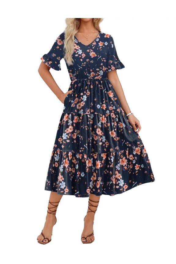 Women's Spring Summer Floral Midi Dress A Line Boho Dress Casual Short Sleeve Long Beach Dress