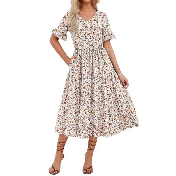 Zeagoo Women's Spring Summer Floral Midi Dress A Line Boho Dress Casual Short Sleeve Long Beach Dress