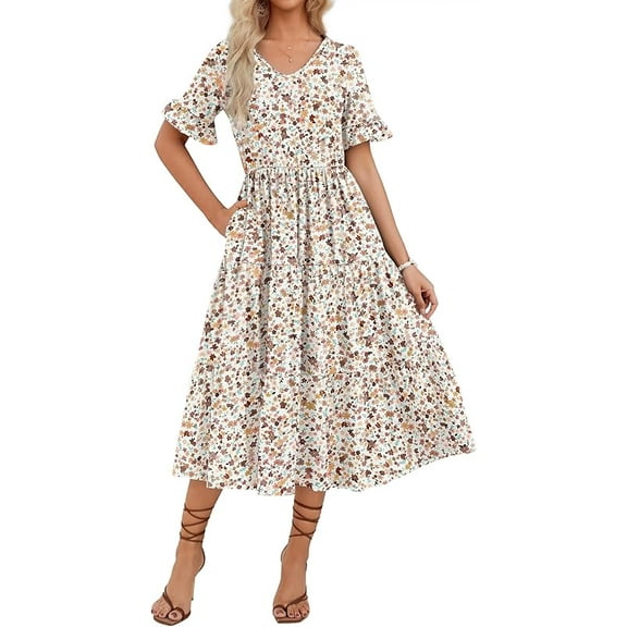 Zeagoo Women's Summer Dresses Midi Tiered Casual Dress Floral V Neck Ruffle Short Sleeve Flowy Beach Dress with Pockets