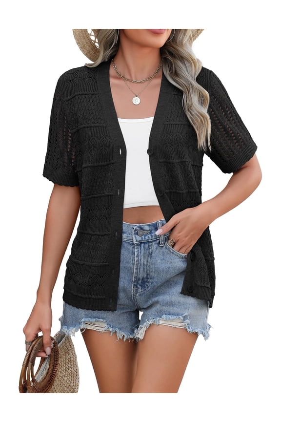 Women's Summer Short Sleeve Crochet Cardigan V Neck Cropped Lightweight Button up Bolero Shrug Sweater