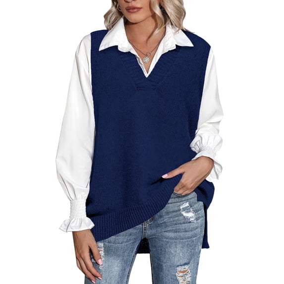Zeagoo Women's Sweater Vest Chic Sleeveless V Neck Oversized Pullover Knitted Tops Fall Sweater