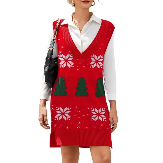 Zeagoo Women's Sweater Vest Dress Oversized Sleeveless V-Neck Casual Pullover Sweater Fall Winter Knit Slit Short Dress