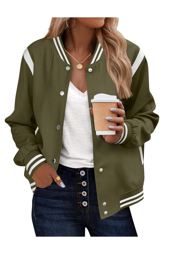 Women's Varsity Jacket Lightweight Bomber Jackets Spring 2 Pockets Button-up Casual Moto Fashion Baseball Outwear