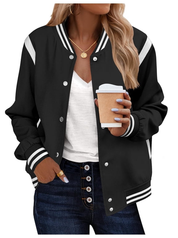 Women's Varsity Jacket Lightweight Bomber Jackets Spring 2 Pockets Button-up Casual Moto Fashion Baseball Outwear