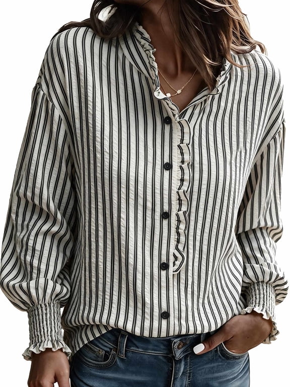 Women's Vintage Shirts Striped Button Down Blouse Ruffle Stand Collar Puff Long Sleeve Loose Casual Tops