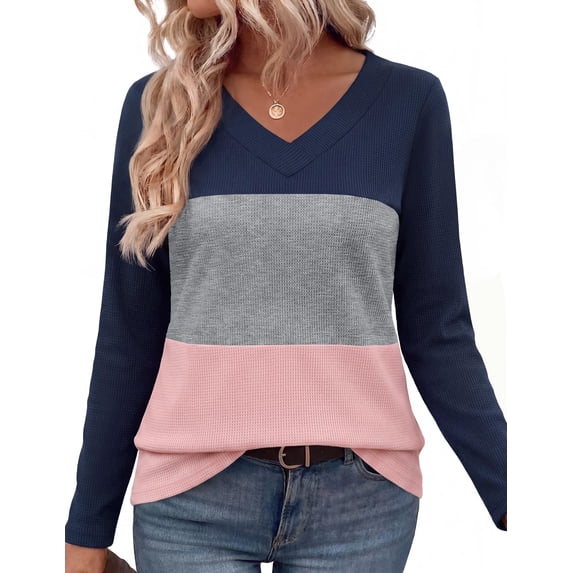 Zeagoo Women's Waffle Knit Shirts Long Sleeve Dressy Casual Loose V Neck Tops Fall Trendy