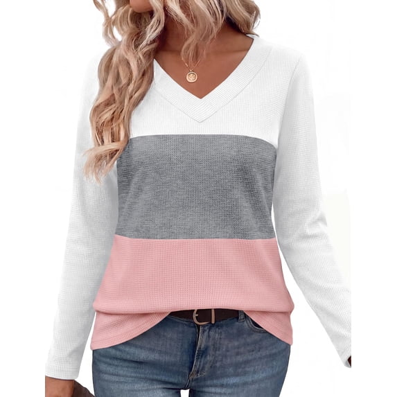 Zeagoo Women's Waffle Knit Shirts Long Sleeve Dressy Casual Loose V Neck Tops Fall Trendy