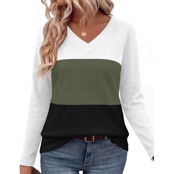 Zeagoo Women's Waffle Knit Shirts Long Sleeve Dressy Casual Loose V Neck Tops Fall Trendy