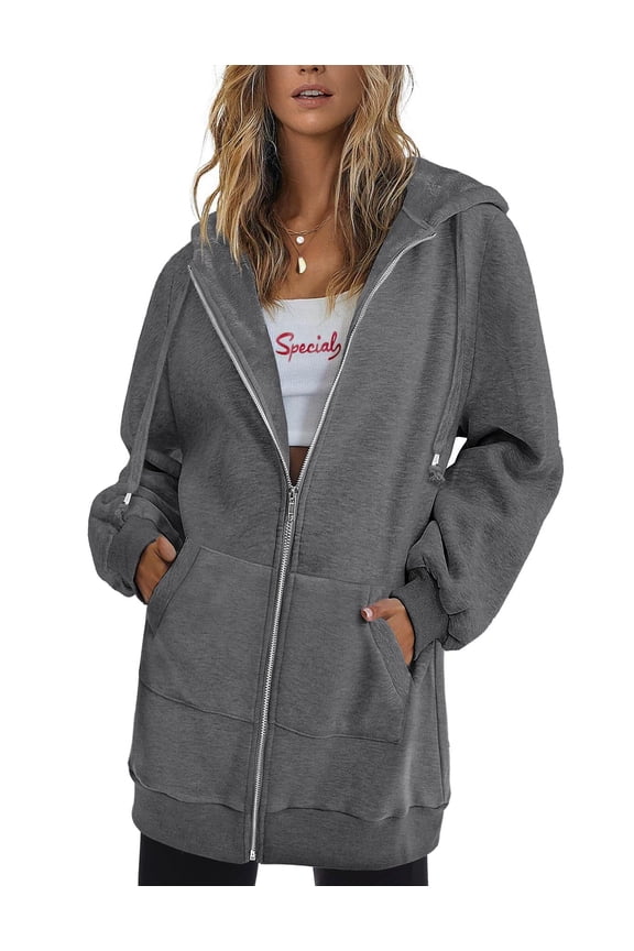 Women's Zip Up Hoodies Long Sleeve Fall Fleece Jacket Casual Oversized Tunic Hooded Sweatshirt With Pockets Winter Coats
