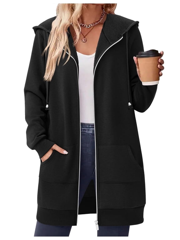 Women's Zip Up Hoodies Long Sleeve Fall Fleece Jacket Casual Oversized Tunic Hooded Sweatshirt With Pockets Winter Coats