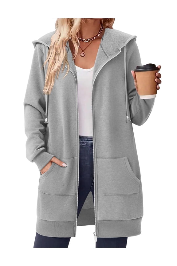 Women's Zip Up Hoodies Long Sleeve Fall Fleece Jacket Casual Oversized Tunic Hooded Sweatshirt With Pockets Winter Coats