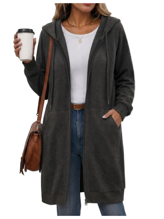 Women's Zip Up Hoodies Oversized Fleece Long Tunic Sweatshirts Casual Long Sleeve Fall Jacket Coat with Pocket