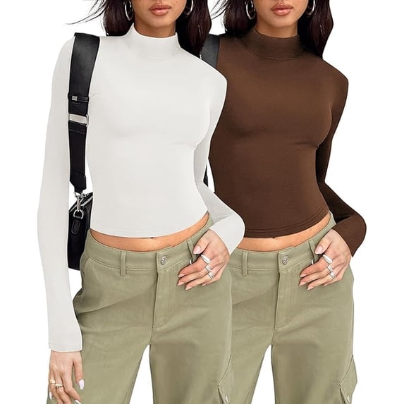 Zeagoo Womens 2 Packs Long Sleeve T-Shirts Mock Neck Turtleneck Slim Fitted Basic Crop Tops