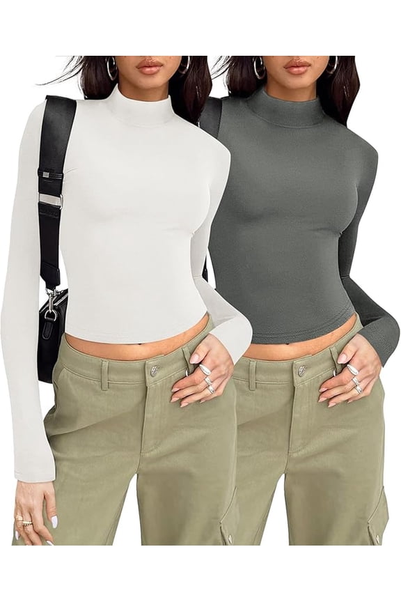 Womens 2 Packs Long Sleeve T-Shirts Mock Neck Turtleneck Slim Fitted Basic Crop Tops