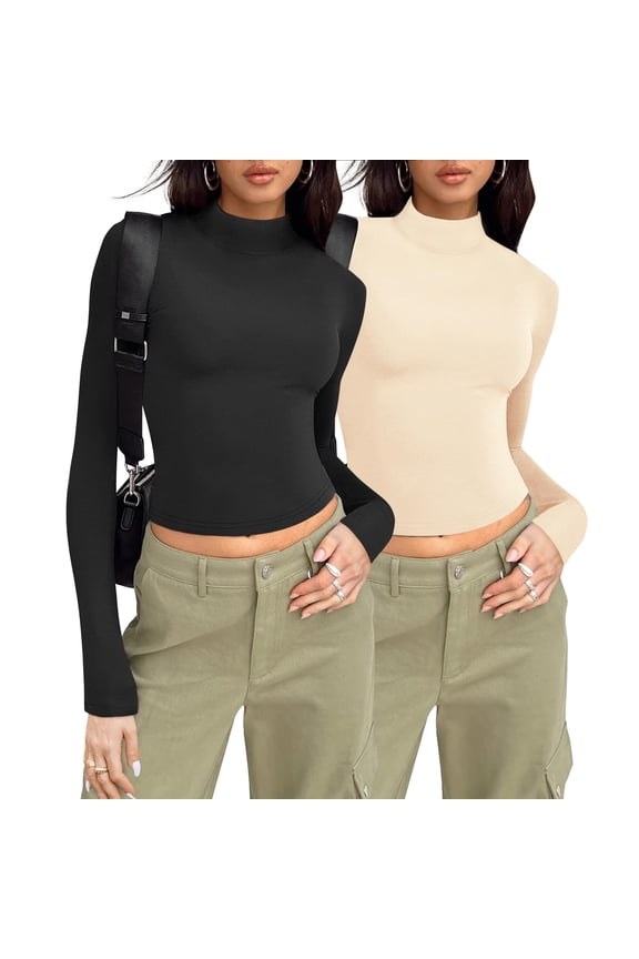 Womens 2 Packs Long Sleeve T-Shirts Mock Neck Turtleneck Slim Fitted Basic Crop Tops