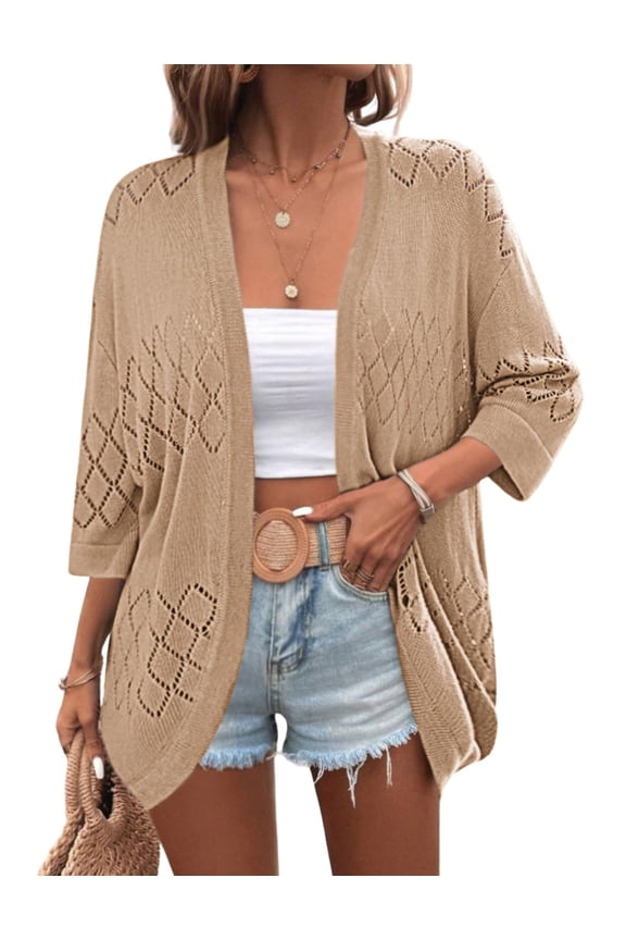 Womens 2025 Lightweight Crochet Cardigan Sweaters Open Front 3/4 Sleeve Knit Kimono Summer Boho Cover Up