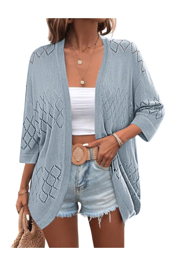Womens 2025 Lightweight Crochet Cardigan Sweaters Open Front 3/4 Sleeve Knit Kimono Summer Boho Cover Up