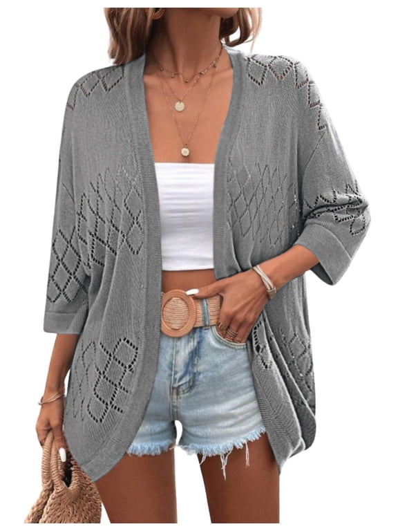 Womens 2025 Lightweight Crochet Cardigan Sweaters Open Front 3/4 Sleeve Knit Kimono Summer Boho Cover Up