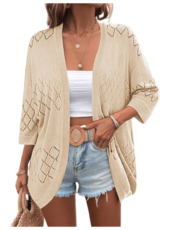 Womens 2025 Lightweight Crochet Cardigan Sweaters Open Front 3/4 Sleeve Knit Kimono Summer Boho Cover Up