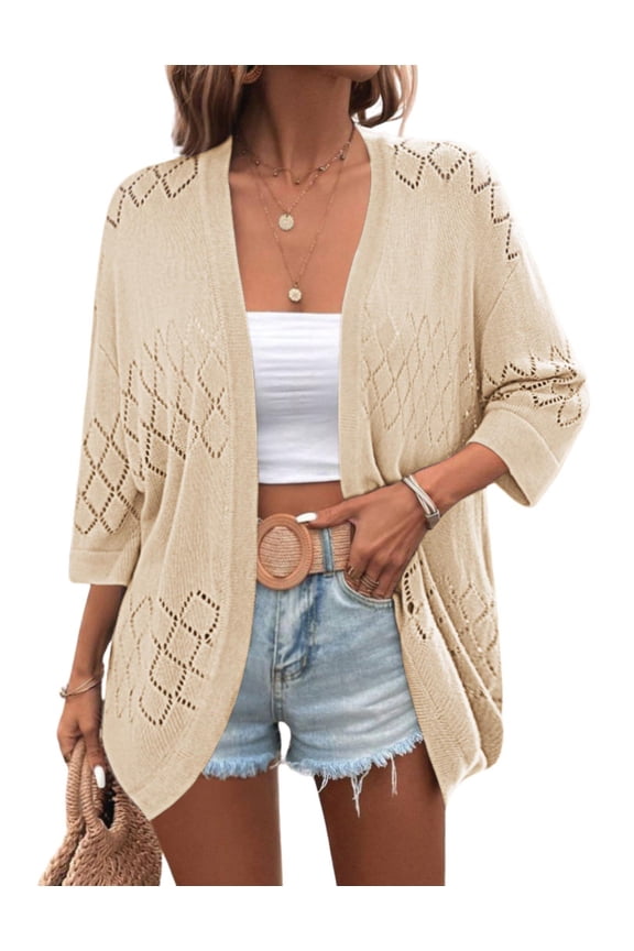 Womens 2025 Lightweight Crochet Cardigan Sweaters Open Front 3/4 Sleeve Knit Kimono Summer Boho Cover Up